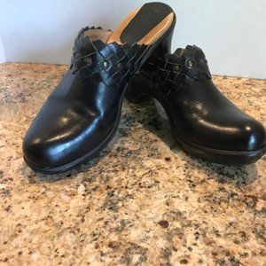 Frye Mules, black w/braided & studded trim, Brazil